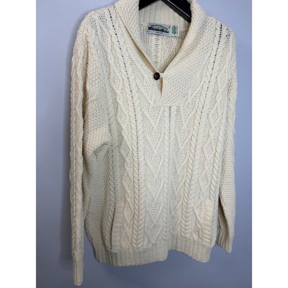 Aran Crafts Shawl Collar Wool Cable Knit Fisherman Sweater Ivory Men's XL - Picture 3 of 10